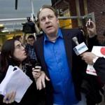 FILE- In this May 21, 2012, file photo, former Boston Red Sox pitcher Curt Schilling, center, is followed by members of the media as he departs the Rhode Island Economic Development Corporation headquarters in Providence, R.I. Schilling has dabbled in politics, World War II history and raised millions for Lou Gehrig's disease, but it's a gamble on his video game company 38 studios that is in danger of failing and possibly leaving Rhode Island taxpayers with the tab on a $75 million loan guarantee that lured the firm from Massachusetts in 2010. (AP Photo/Steven Senne, File)